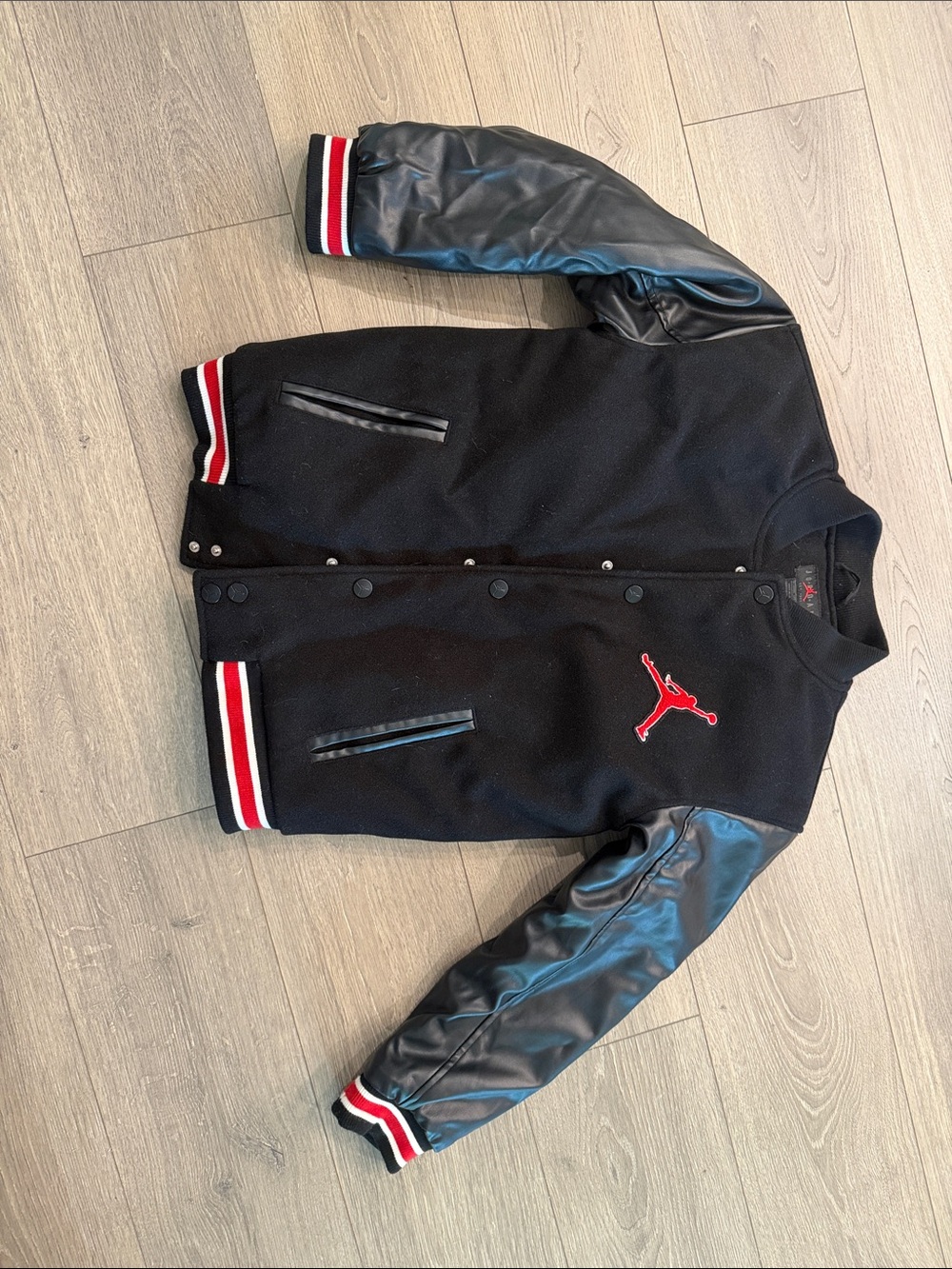 Jordan Black and Red Leather-Sleeve Varsity Jacket